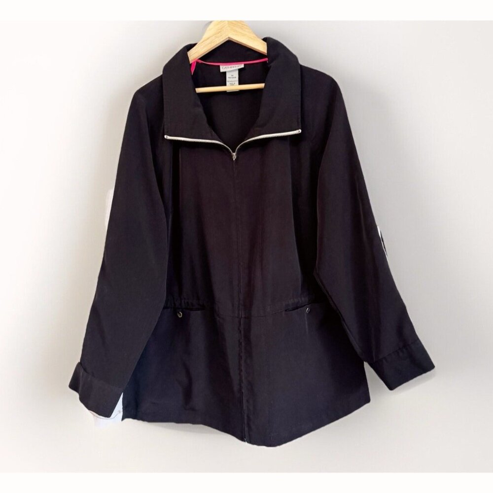 Catherines Women’s 1X Windbreaker Jacket Black Pockets Packable Lightweight